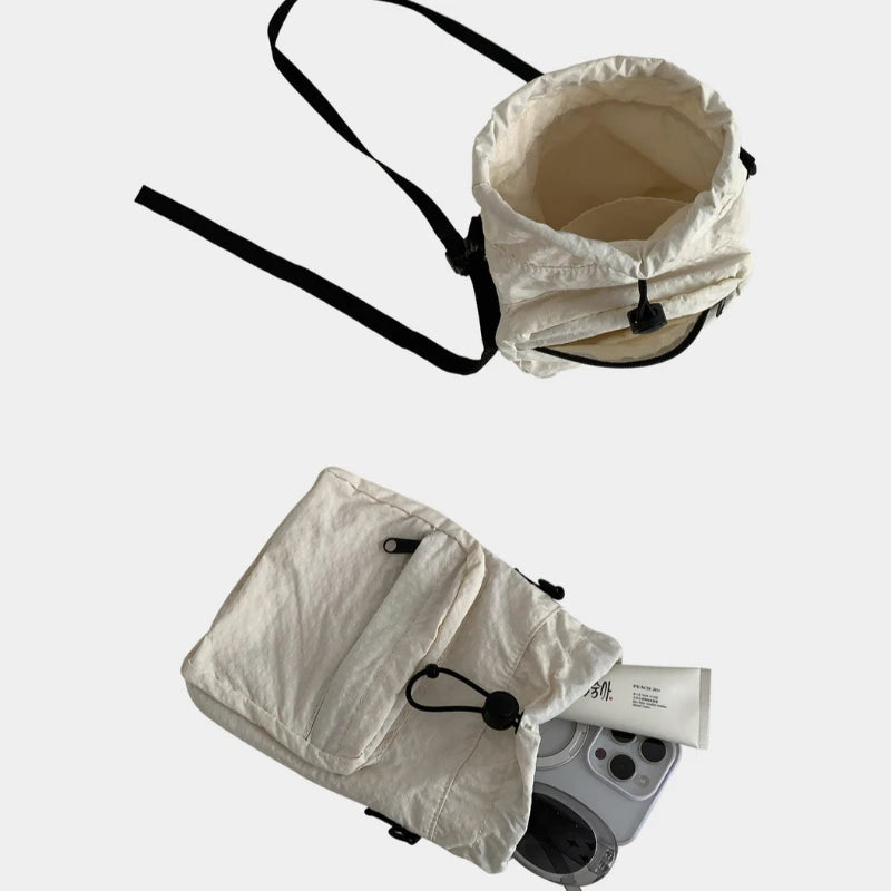 Women Fashion Summer Mini Drawstring Bag Ruched Shoulder Crossbody Small Bag Water Kettle Cup Phone Key Carry Bag