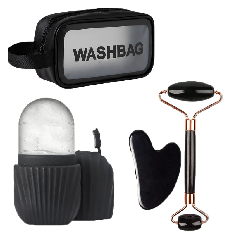 4-piece facial massage tool set, including roller massager, ice bead roller and scraping board, with a toiletry bag