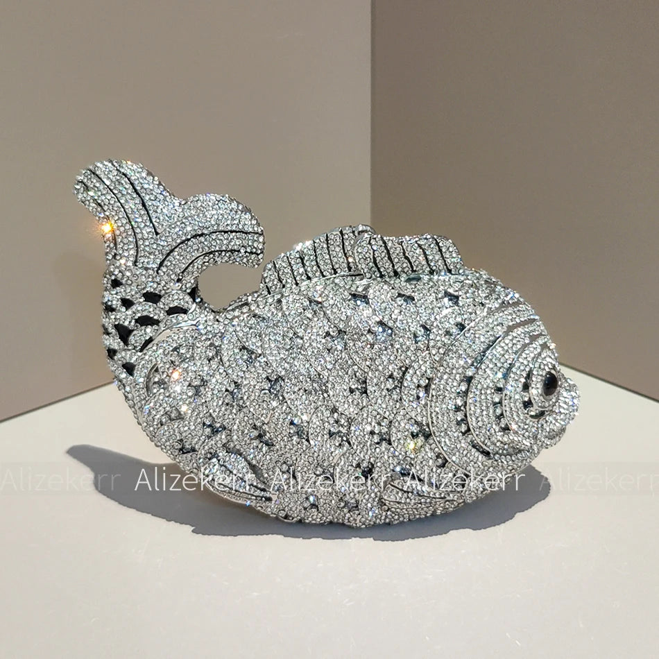 Alizekerr Goldfish Shaped Crystal Evening Bags Women Gorgeous Boutique Unique Crystal Metallic Purses And Handbags Wedding Party