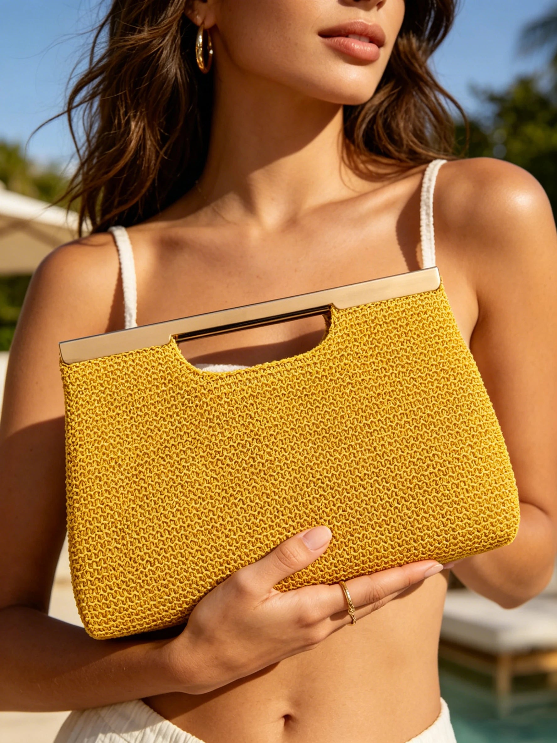 2026 New Lemon Yellow Woven Women Clutch, Minimalist Lazy Summer Vibe, Lightweight & Large Capacity, Flat Envelope Bag Design. H