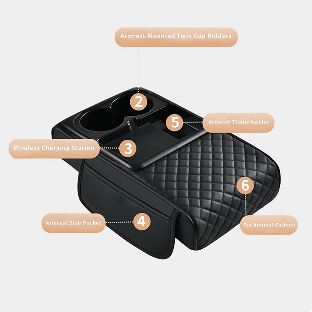 1 Car Armrest Box with Multiple Colors, Compatible with Apple and Huawei Wireless Charging, Comes with a Pack of Tissues and a Coaster