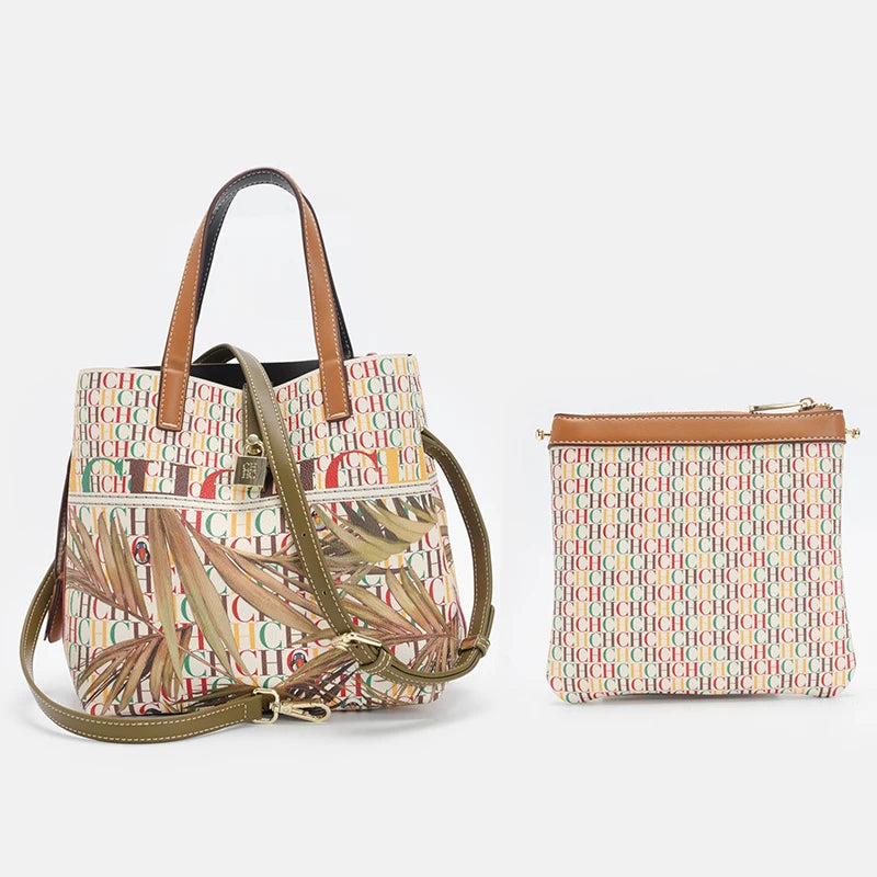 CH Letter Print Tote Bag Set 2 in 1 Large Capacity Women Handbag with Detachable Strap + Mini Clutch Casual Office Shopping Bag
