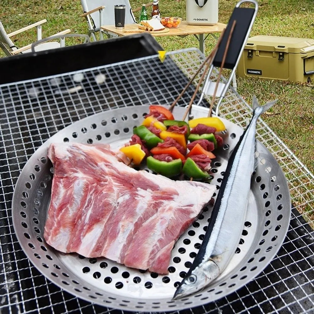 Portable Stainless Steel Vegetable Grill Basket Circular Non Stick BBQ Plate Folding Wood Handle Grill Fry Pan Kitchen Cooking