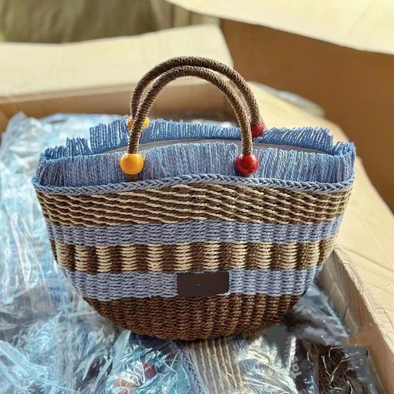 Cute Bucket Bag Picnic Basket Tassel Bead Decorated Hand Woven Grass Handbag Charming Shoulder Bag Women's Fashion Accessory