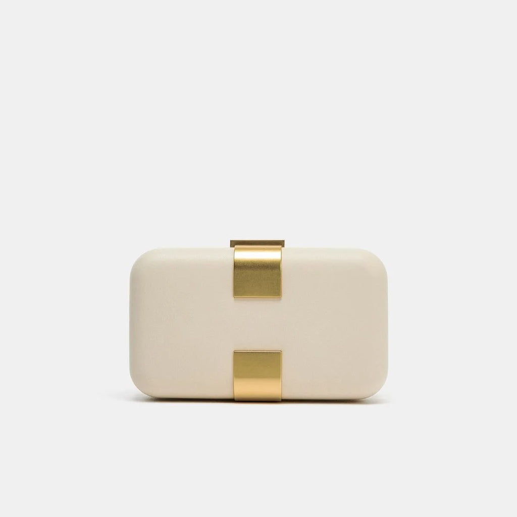 Cream White Clutch Purse for Women - Hard Shell Evening Bag with Gold Metal Clasp, Elegant Box Handbag for Wedding, Prom, Cockta