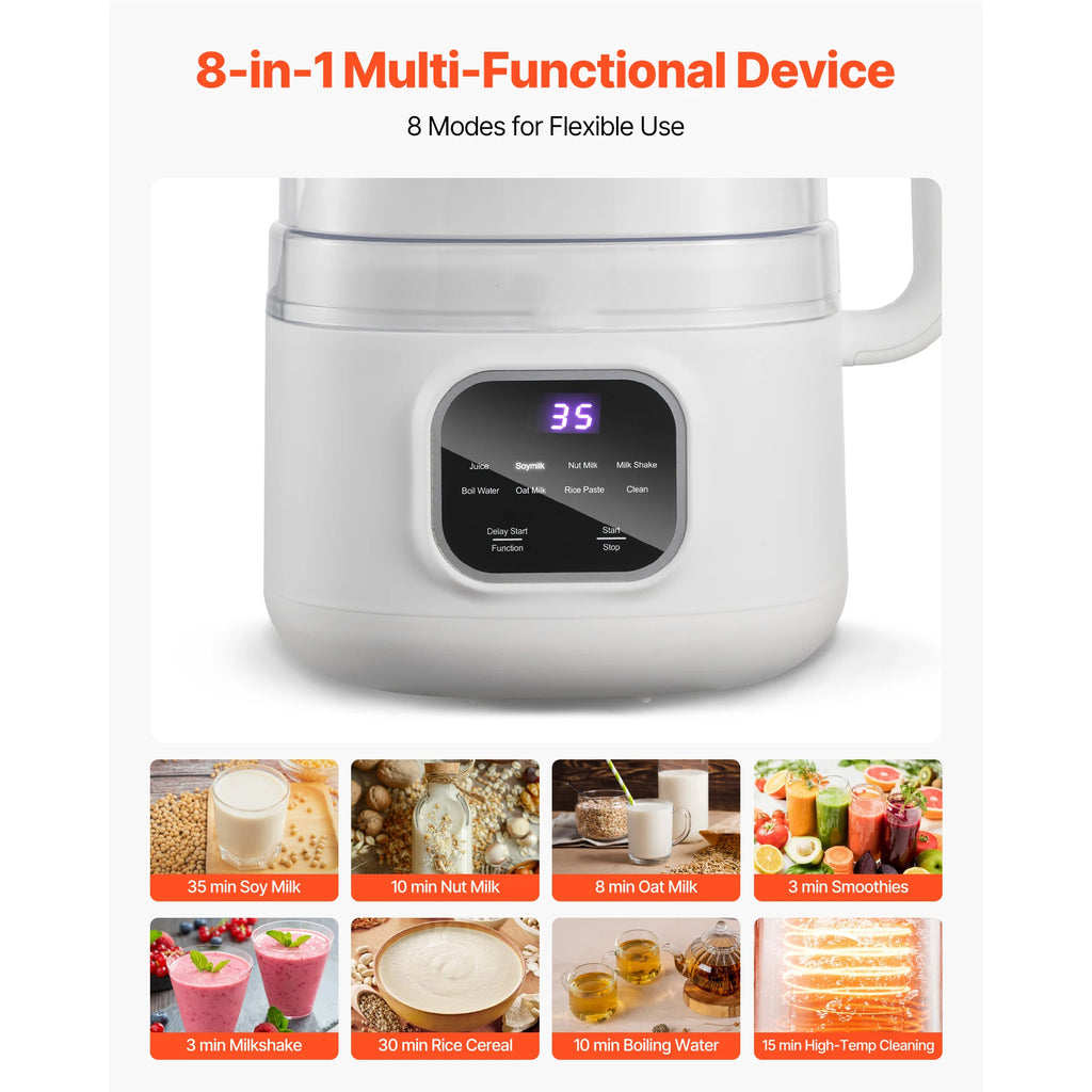 SucceBuy 8-in-1 Nut Milk Maker 34 oz Soy 200W for Homemade Oat Plant-Based Beverages with Self-Cleaning Boil Water 12-Hour Delay
