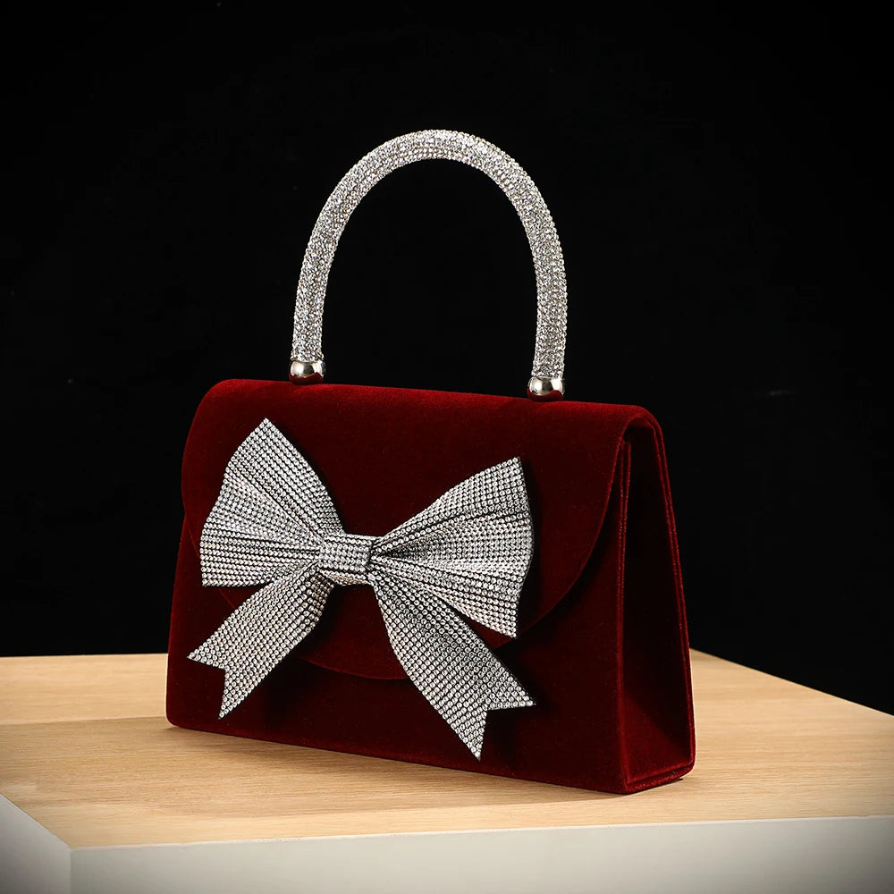 New velvet bow rhinestone handbag - luxurious evening dress bag - fashionable shoulder bag