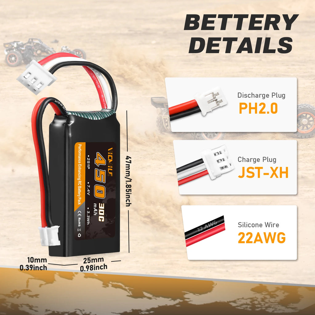 VICMILE SCX24 Battery 7.4V 450mAh Lipo Battery 2S 30C Rechargeable Lipos with PH2.0 Plug Fit for Most 1/10, 1/16, 1/18, 1/24 Sca