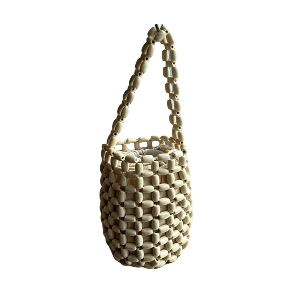 Vintage Handmade Beaded Woven Bag Solid Color Boho Hollow Bucket Bag Wrist Bag With Inner Pocket Openwork Bag Girls