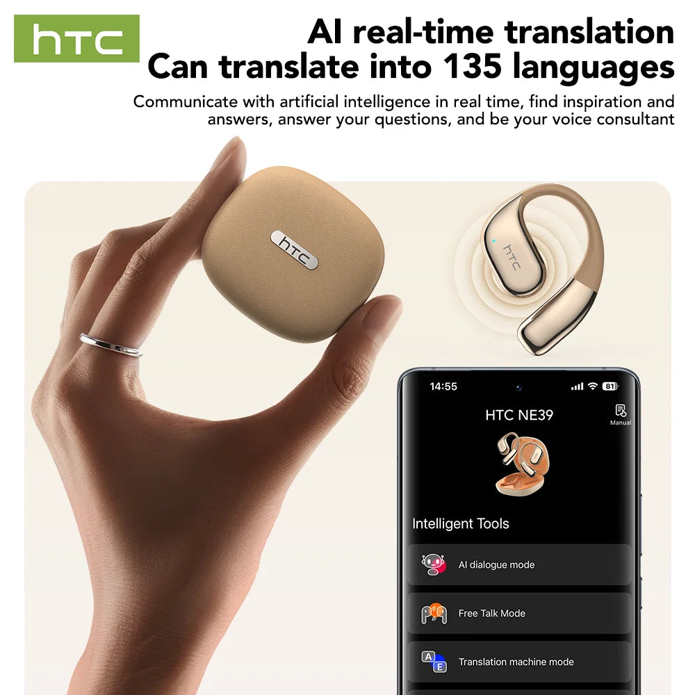 Bluetooth Game Earphones HTC NE39 AI Real Time Translation Open Ear, Surround Sound Stereo Comfortable for Gym Running Travel