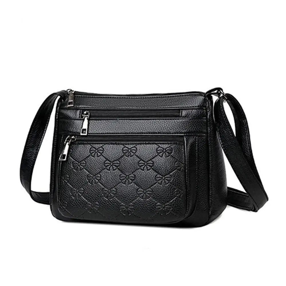 Fashion PU Leather Buying Vegetable Bag Black Large Capacity Middle-aged Mother's Bag Multi-layer Shoulder Messenger Bag Woman