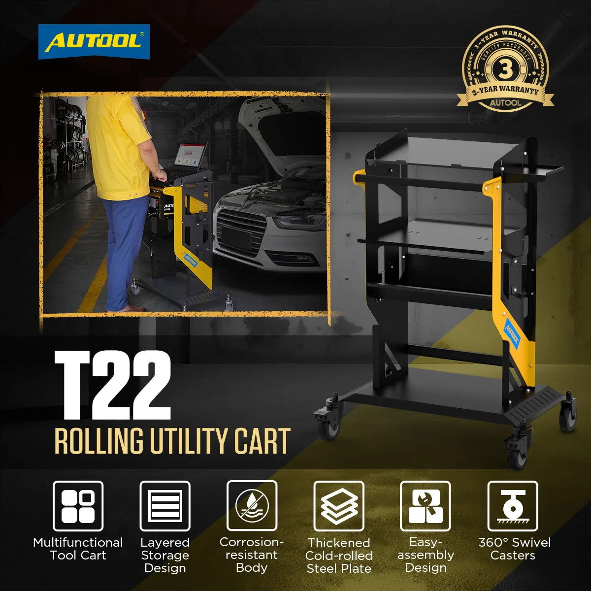 AUTOOL T22 Tier Tool Cart Car Repair Workshop Auxiliary Equipmen Toolbox Storage Heavy Duty Cart Tool Lockable Casters