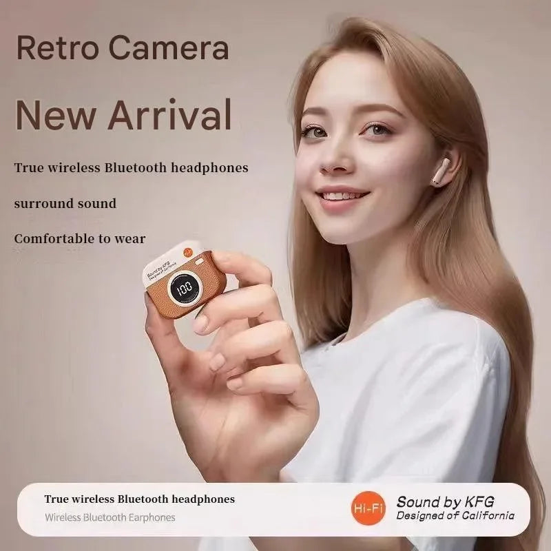 Q86 Retro Camera Wireless Earbuds Semi-In-Ear Earphones with Screen Digital Display and Gaming Low Latency