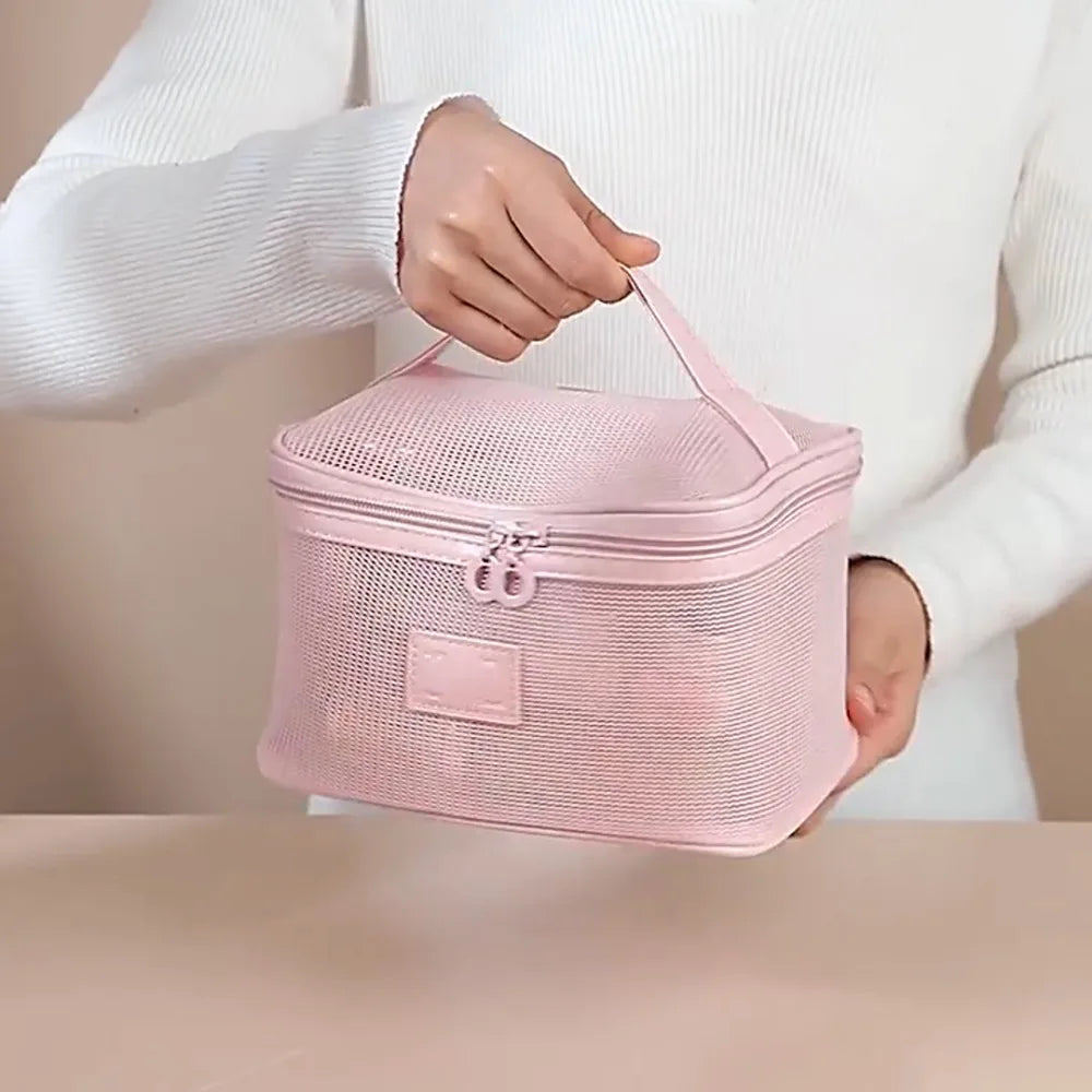 Portable Mesh Handheld Makeup Bag Square Lightweight Storage Toiletry Bag Zipper Large Capacity Transparent Mesh Cosmetic Bag