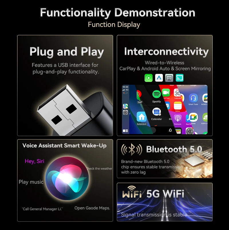 Latest popular 4-in-1 mini wireless CarPlay adapter, supports screen mirroring and video, supports Apple CarPlay and Android Auto, Bluetooth 5.0 technology, wired to wireless conversion, plug and play, compatible with USB and
