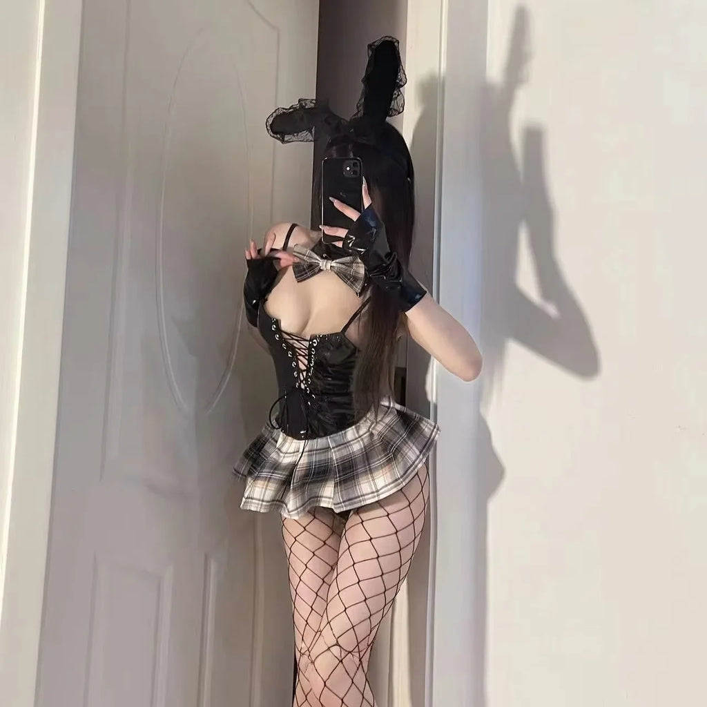 New sexy lingerie camisole patent leather red plaid skirt uniform bunny girl seduction straps student uniform leather jacket
