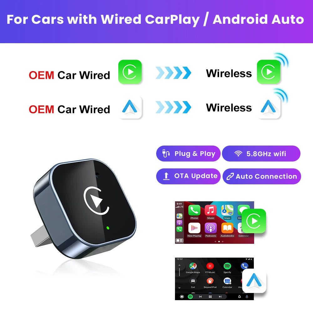 Wireless Carplay Android Auto Wireless Adapter Smart Dongle 2in1 2.4G & 5.8Ghz WiFi BT Auto Connect Plug&Play For Wired AA CP