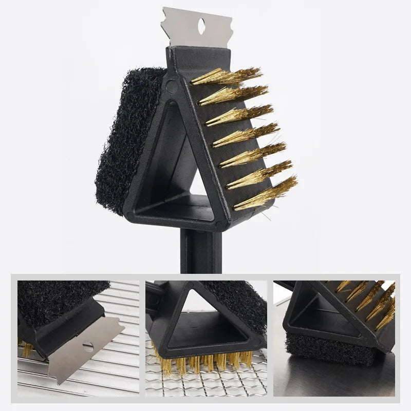 1pc 3 In 1 Corner Copper Wire Brush Barbecue Grill Oven Cleaning Bbq Brush Copper Wire Sponge Shovel Long Handle