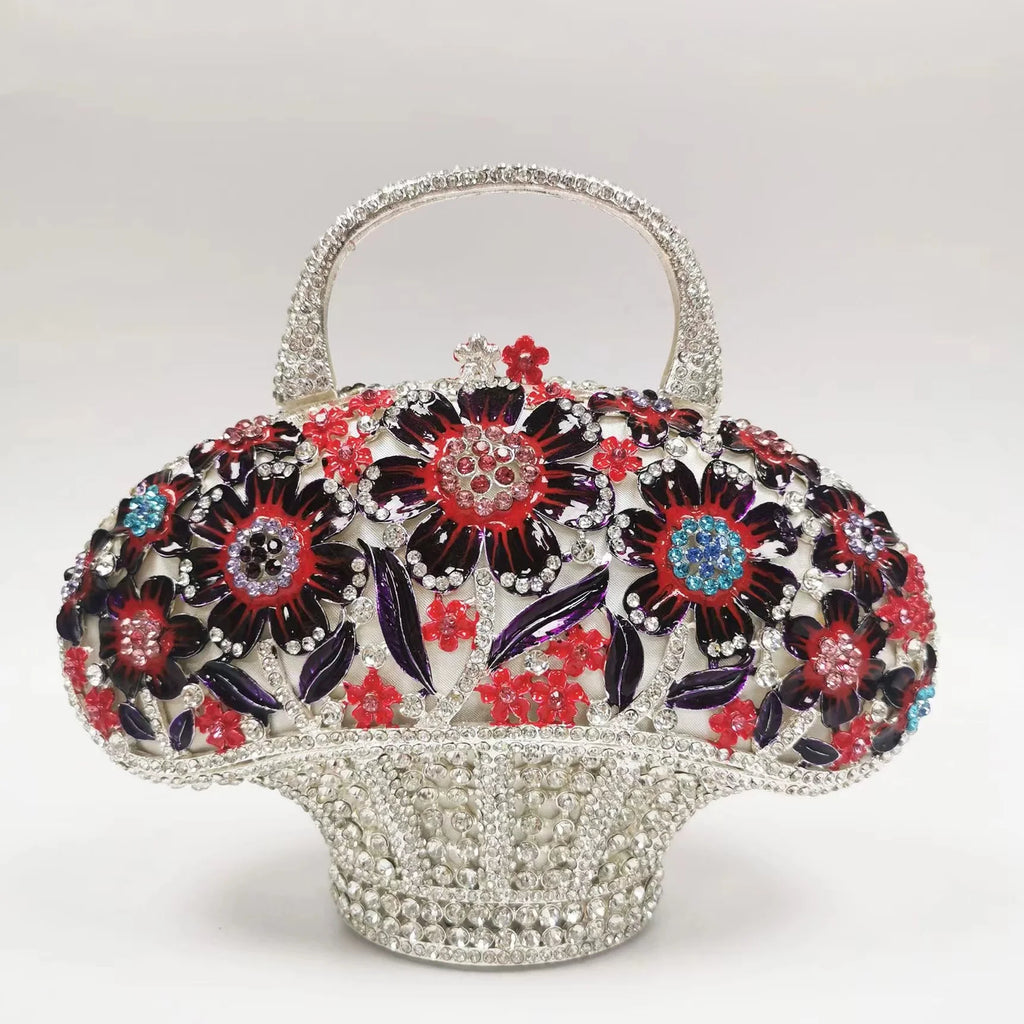 WHTUOHENG Women's Rhinestone Embellished Flower Leaves Basket Clutch Bag Luxury Diamond Evening Purse Crystal Bridal Handbag