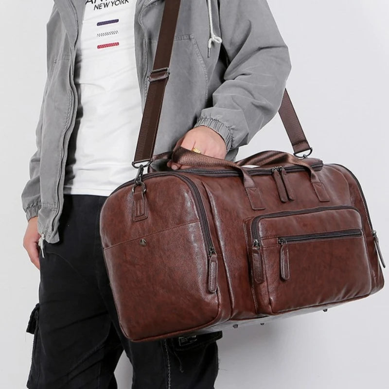 Large Men's Travel Tote Soft Leather Business Trip Holiday Handbag PU Shoulder Black Brown Bag Man Carry ON Luggage Pack Bags