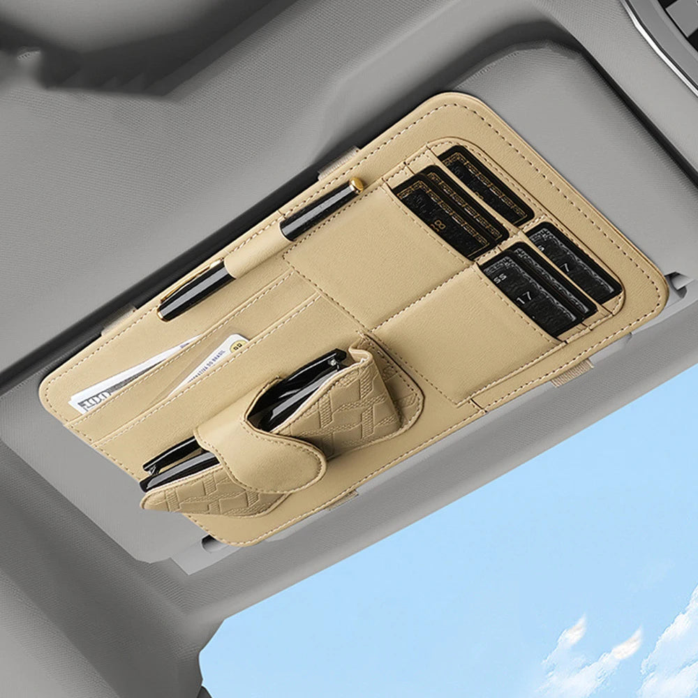 Car Sun Visor Glasses Holder Multi-Pocket Pouch Bag Storage Box Luxury PU Leather Eyeglasses Clip & Card Slots Car Interior