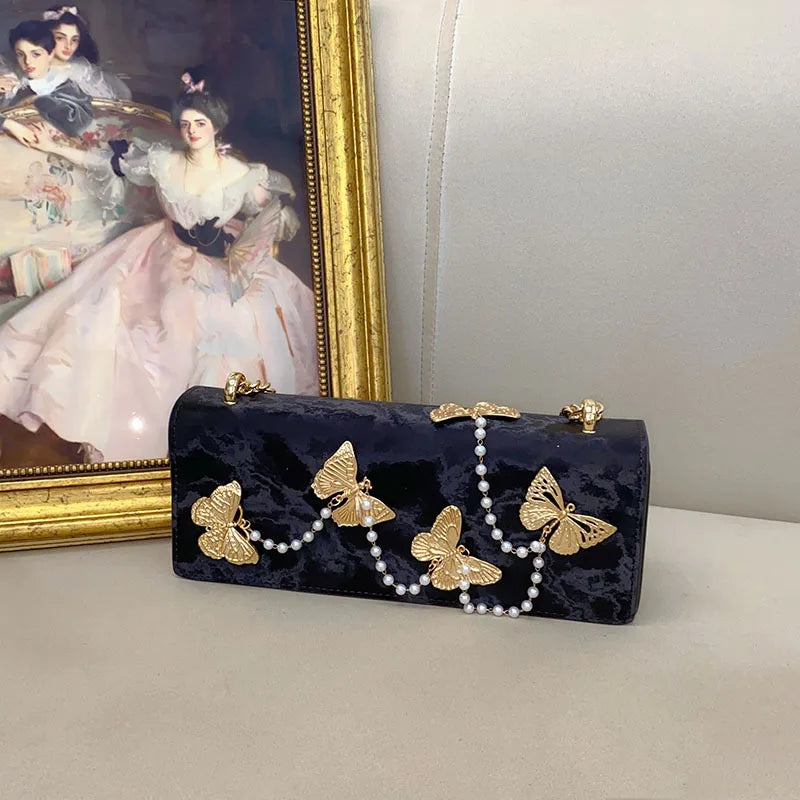 High Quality Textured PU Square Bag Metal Butterfly Pearl Beading Lady Purse Women's Handbag Fashion Shoulder Messenger Bag