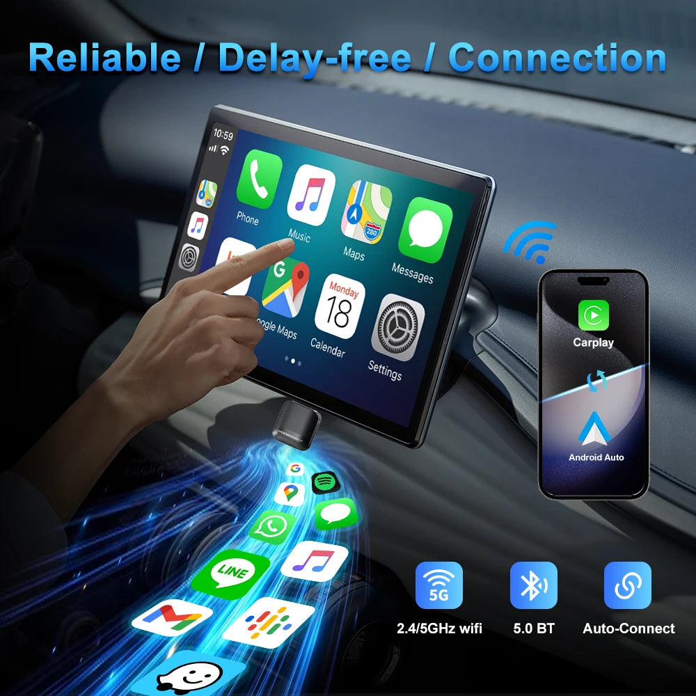 Wireless CarPlay Adapter for iPhone Android Auto, 5.8GHz Plug & Play CarPlay Dongle, Auto Connect Car Wireless Adapter
