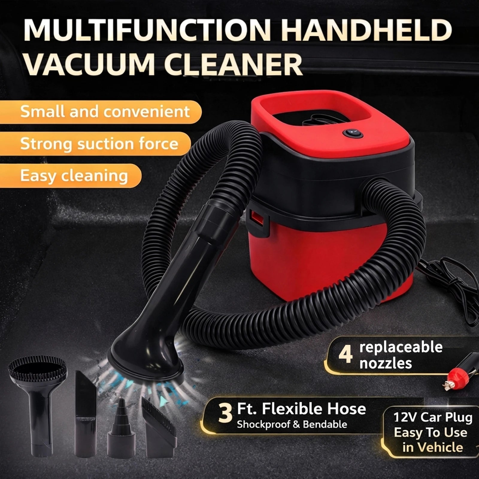 3in1 Handheld Car Vacuum Cleaner Wet Dry Use Powerful Suction Large Capacity Easy to Clean Suitable for Car Interior Cleaning