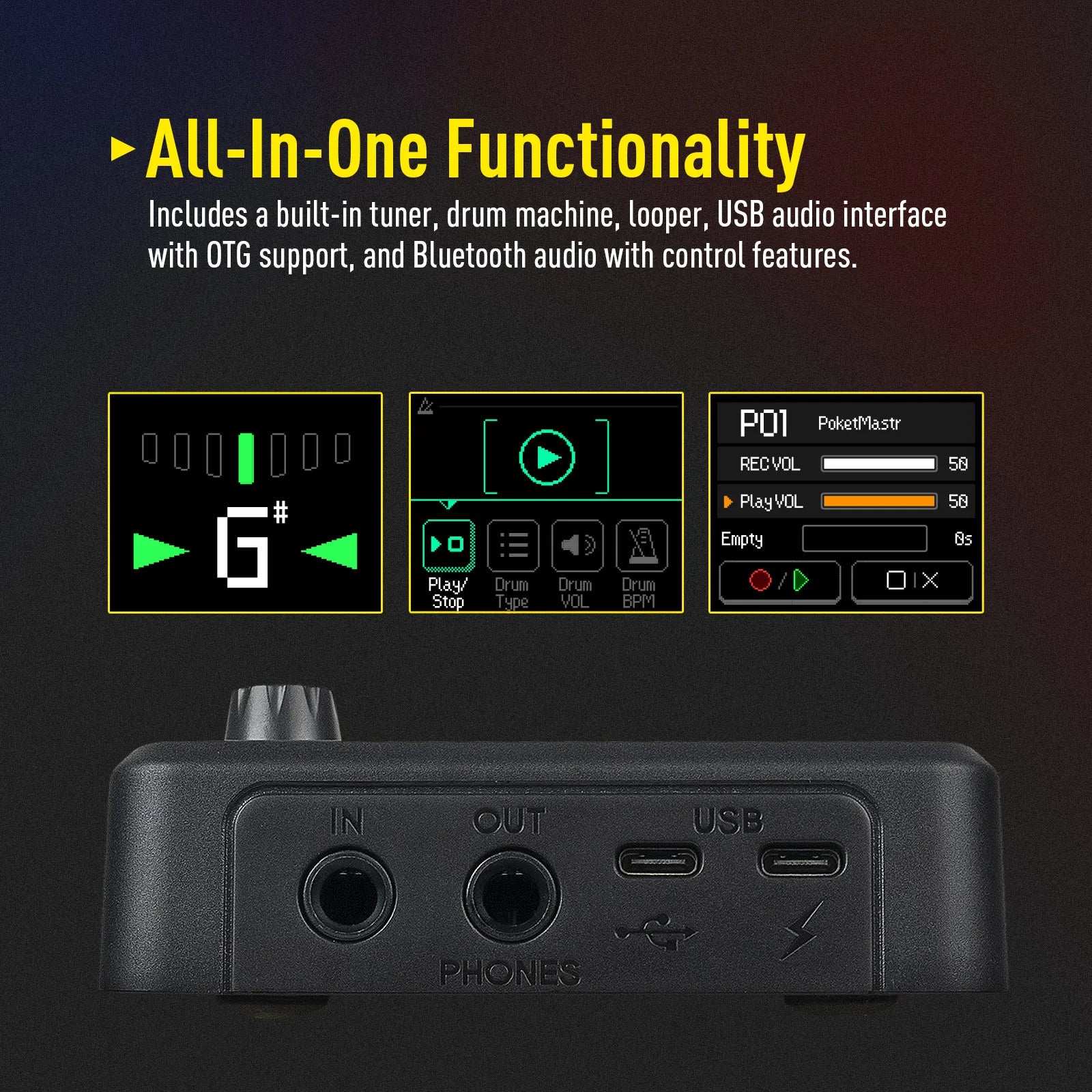 SONICAKE Pocket Master Mini Guitar Bass Amp 100+ Multi-Effects Pedal APP Control 1.77' LCD Color Screen Built-in Battery QME-10