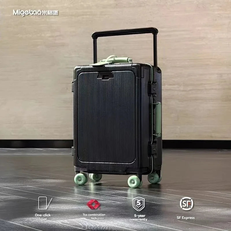 Front opening luggage with aluminum frame, ice skating wheel, leather suitcase, pull rod suitcase, women's suitcase, small suitc