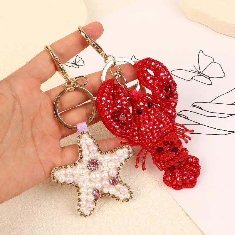 B*1Pc Rhinestone Lobster Beaded Pendant Pretty Hand Sewn Bag Charms Crab Shells Turtle Hanging Rope Patches Applique Bag Lanyard