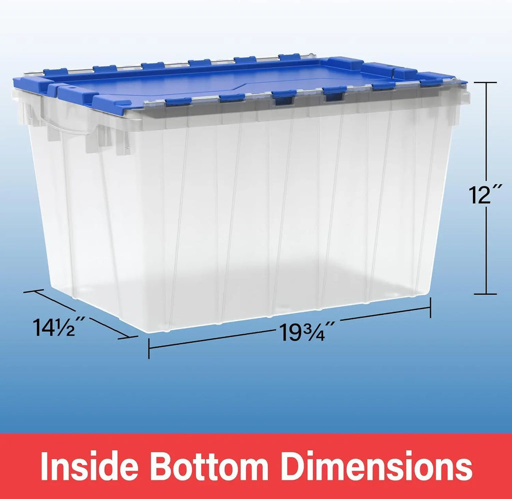 12 Gallon Storage Container, Nesting and Stackable Plastic Storage Box with Lid Attached, Clear Tote for Garages, Closets, and Moving, 21-1/2" x 15" x 12-1/2", Clear/Blue