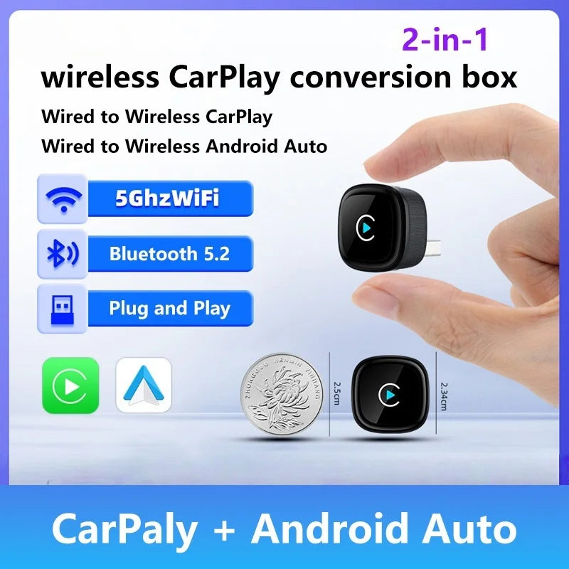 2 in 1 Wireless CarPlay Adapter Android Auto for Car 5G WiFi Plug Play Fast Connection Universal Fit for iPhone