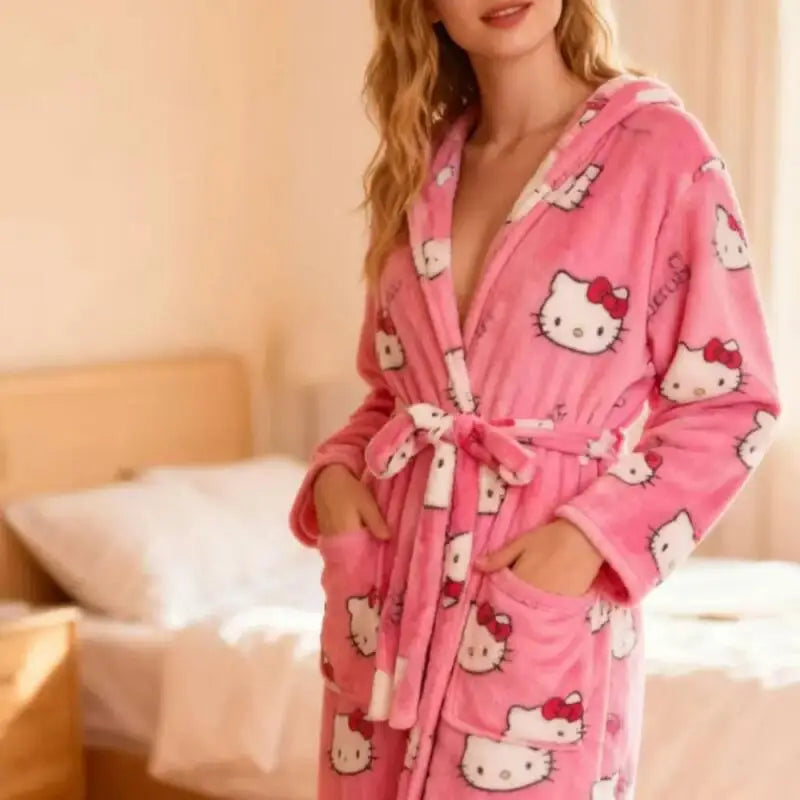 Nightgown Anime Hello Kitty 2026Bathrobe Flannel Thickened Pajamas Women's Home Clothes Winter Warm Pajamas Girls' Nightgown