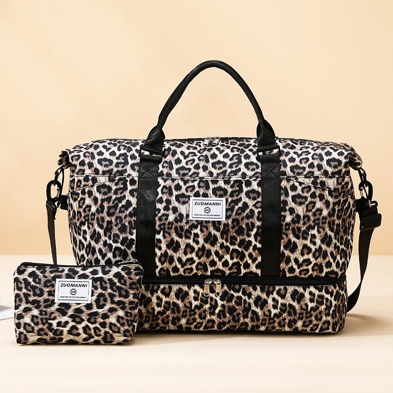 2pcs Set - Large Capacity Travel Duffel Bag with Shoe Compartment and Cosmetic Pouch Casual Nylon Gym Bag Weekend Overnight Bag