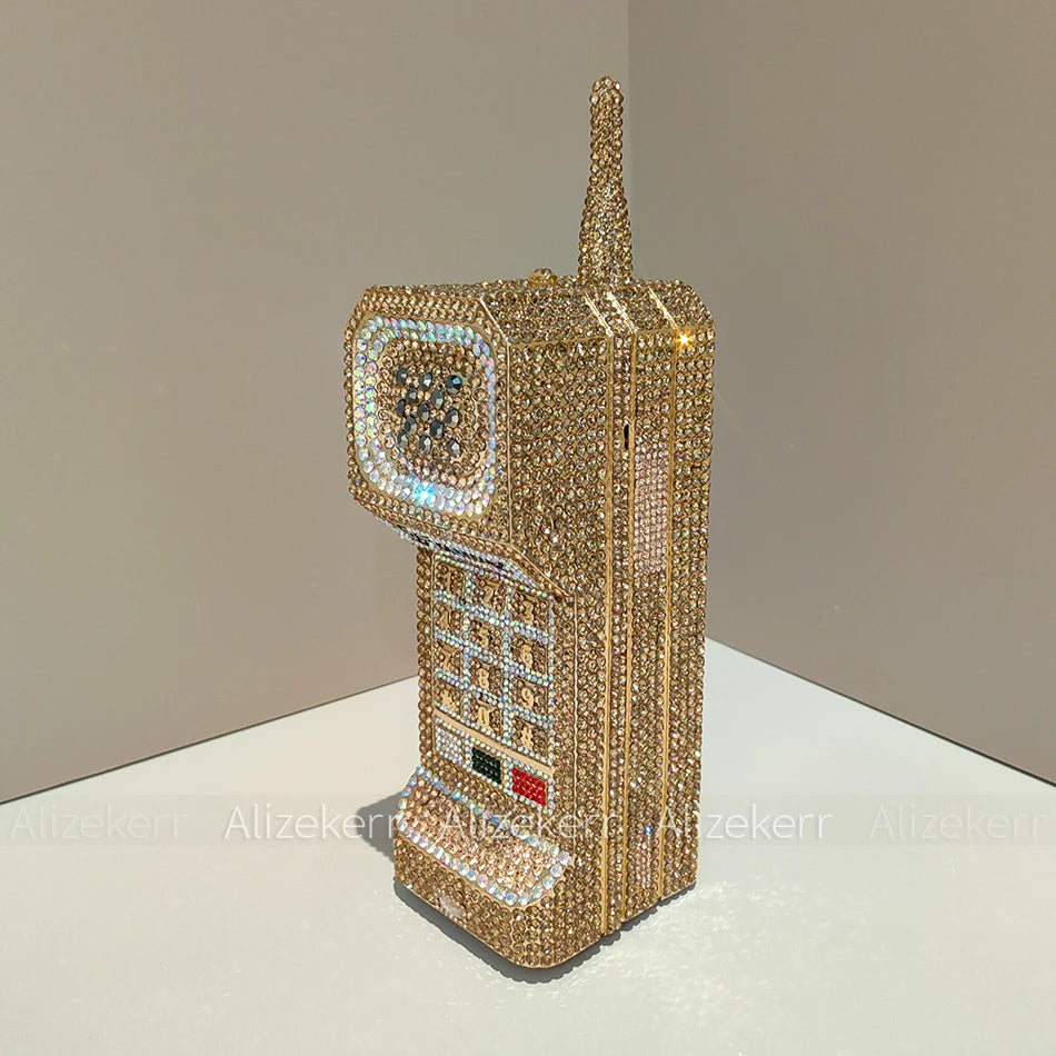Alizekerr Cellphone Shaped Diamond Evening Bags Women 2025 Gorgeous Bling Rhinestone Metallic Purses And Handbags Wedding Party