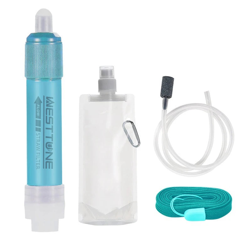 Westtune Outdoor Mini Camping Purification Water Filter Straw TUP Carbon Fiber Water Bag for Survival or Emergency Supplies