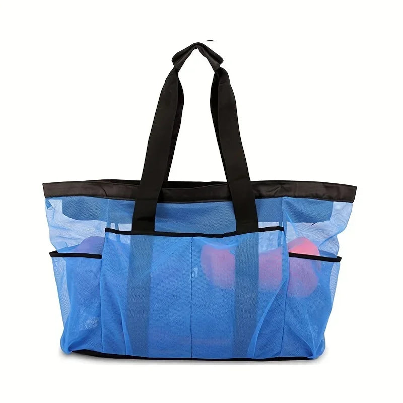 1pcs  Extra Large Beach Bag - Lightweight, waterproof, foldable, with mesh straps, zippered pockets and fixed shoulder straps