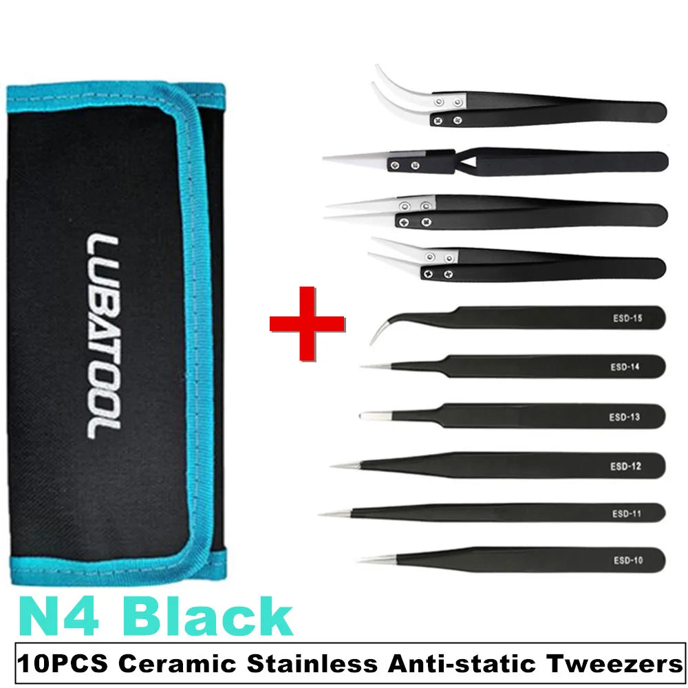 10Pcs Tweezers Set With Bag Ceramic Industrial Electronic ESD Stainless Steel Anti-Static Precision Tweezer Kits Repair Tools