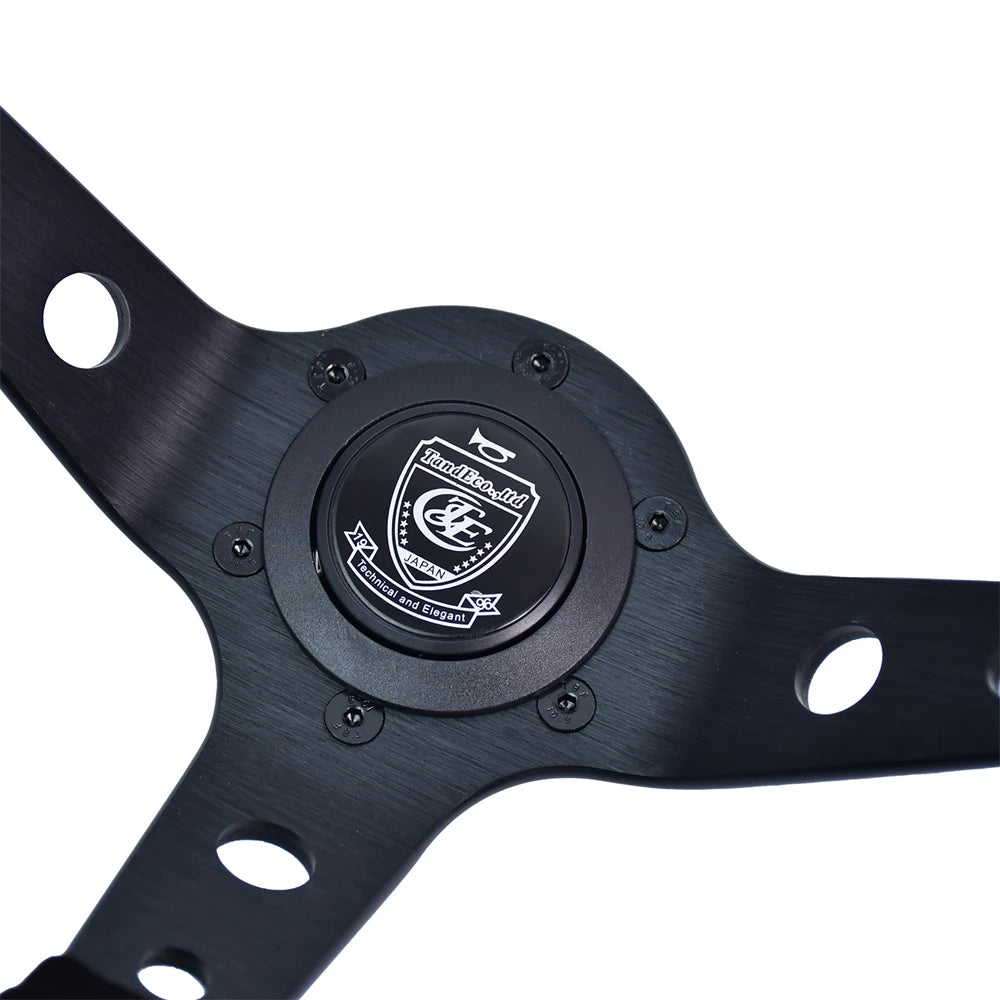 VERTEX Universal Racing Steering Wheel Black Spoke Suede Embroidered Sports Steering Wheel With 6 Holes
