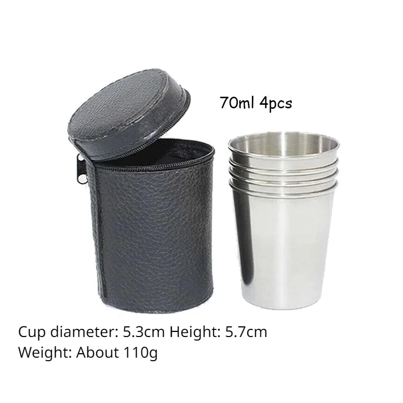 4-Piece Stainless Steel Water Glass with Black Leather Carrying Case Outdoor Camping Practical Travel Whiskey Wine Glass
