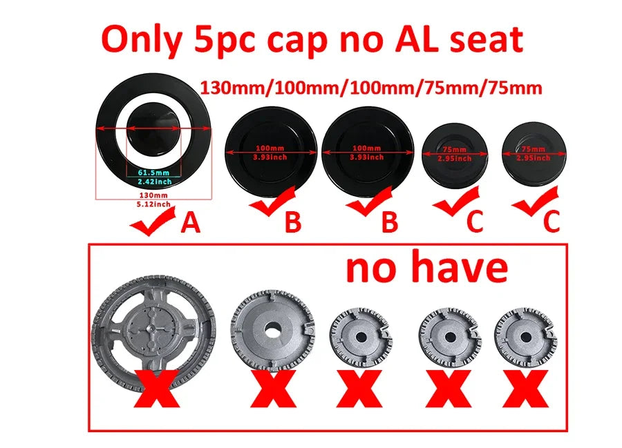 ABBCD 3MM Heavy Durable 130/100/100/75/55mm 5pc a Set Stove Cap Burners Without AL Seat