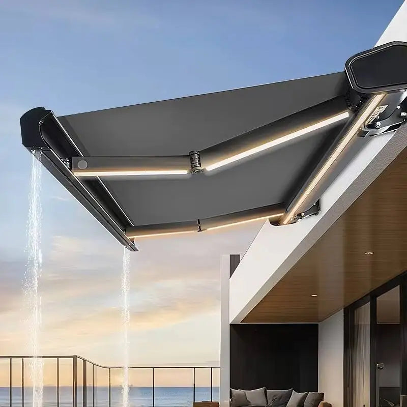 Wind Resistant Retractable Awning Aluminum Alloy Frame PVC Fabric Full Cassette Motorized Awning UV Protection Outdoor Canopy
