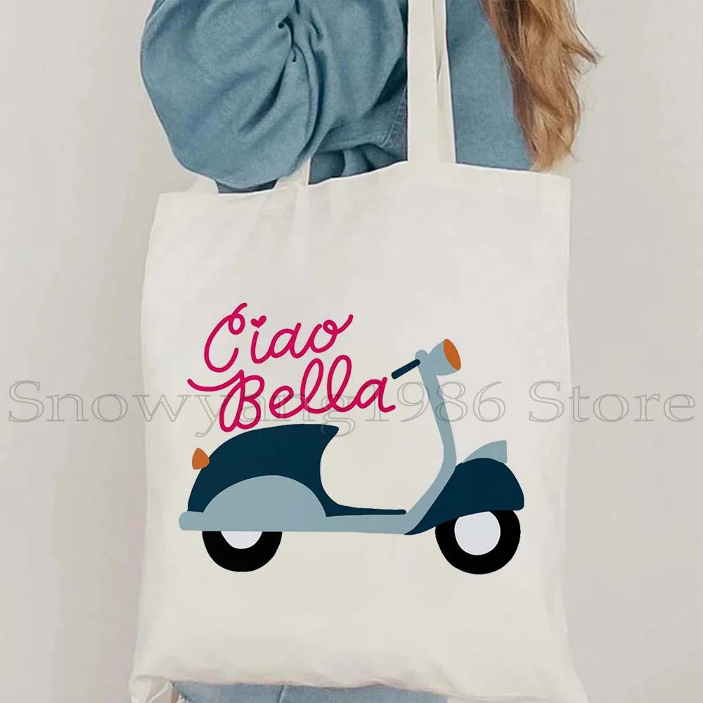 Funny Ciao Bella Saying Italy Flag Rome Colosseum Firenze Florence Panorama Italian Canvas Tote Bag Shopper Girl Casual Handbag