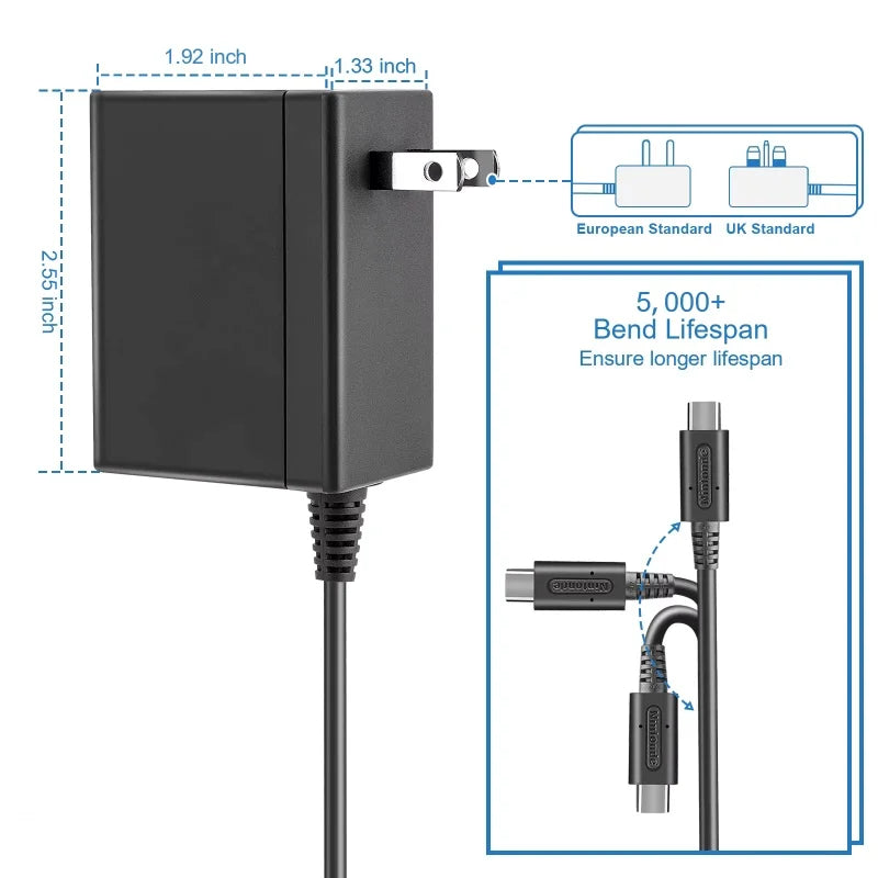 Charger for Nintendo Switch 39W AC Adapter,15V/2.6A Power Supply Fast Charger with 5FT Cord for Switch OLED/Lite Support TV Mode