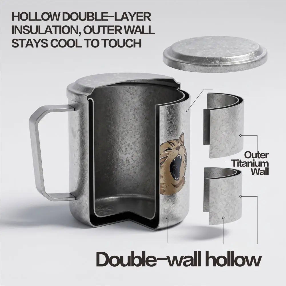 Titanium Mug Double-Layer Anti-Scald Titanium Cup Camping Coffee Cup 450ml Cat and Dog Themed Couple's Cup
