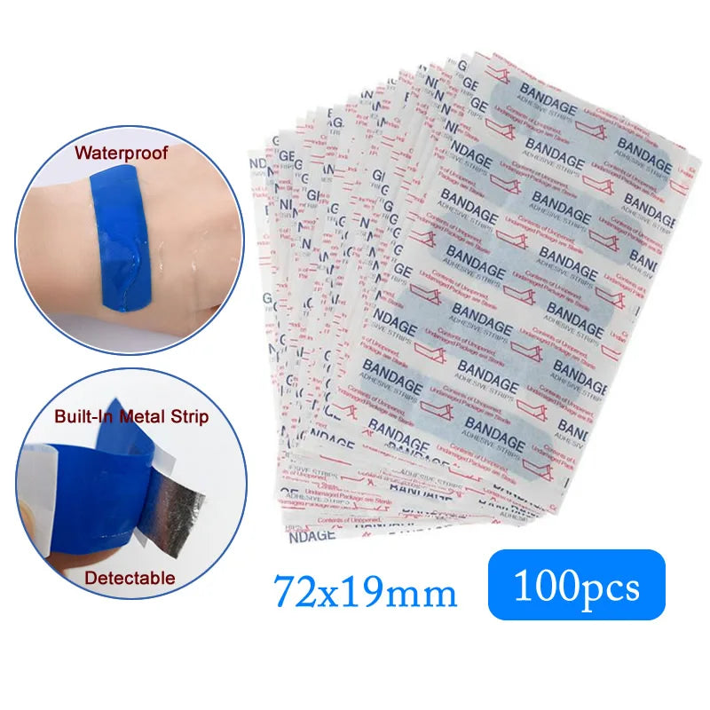 18/100pcs Blue Medical Band-Aid Waterproof Detectable Elastic Wound Adhesive Plaster First Aid Kits For Hotel Restaurant Chef
