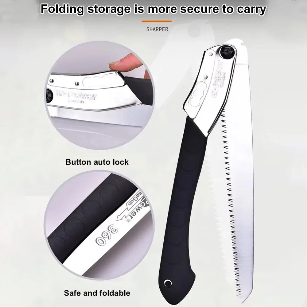 16-Inch Manganese Steel Folding Saw with 3-Sided Teeth and Safety Lock for Cutting Trimming Wood Branches Bamboo
