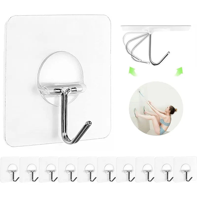5/10Pcs Reusable Adhesive Hooks Clear Plastic Sticky Hanging Hook Seamless Wall Hook Waterproof for Home Kitchen Bathroom Office