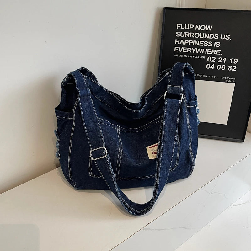 Sewing Thread Denim Zipper High Quality Shoulder Bags Large Capacity Commute Style 2025 New Youth Women's Crossbody Bags